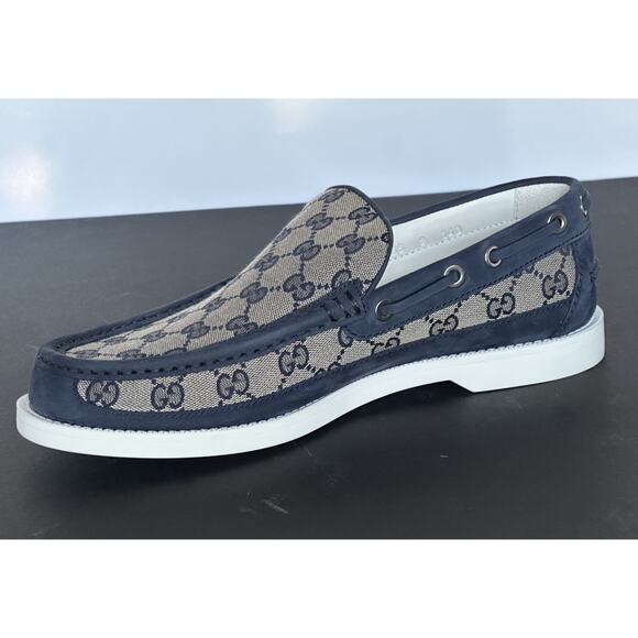 Gucci Men’s GG Leather/Canvas Boat Shoes Beige/Blue 9.5 (Gucci 9) 786485 IT NIB main image 15
